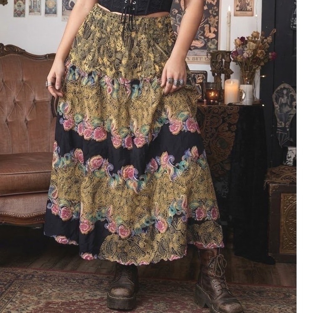 Bonjour Vintage Maxi Skirt Gold Black Paisley Floral Boho Rayon USA Made